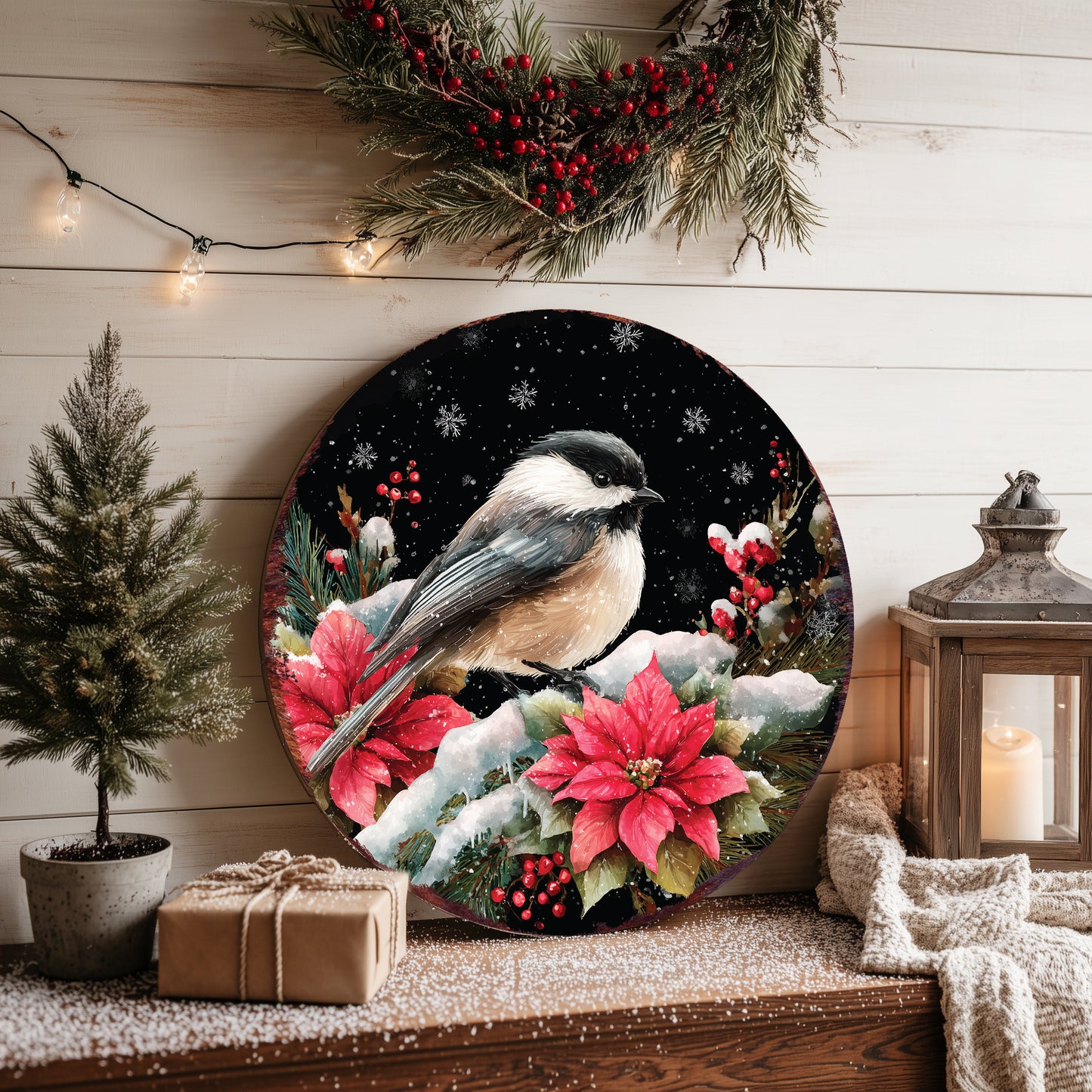 Chickadee Christmas Wall Sign – Round Wood Winter Decor with Poinsettias