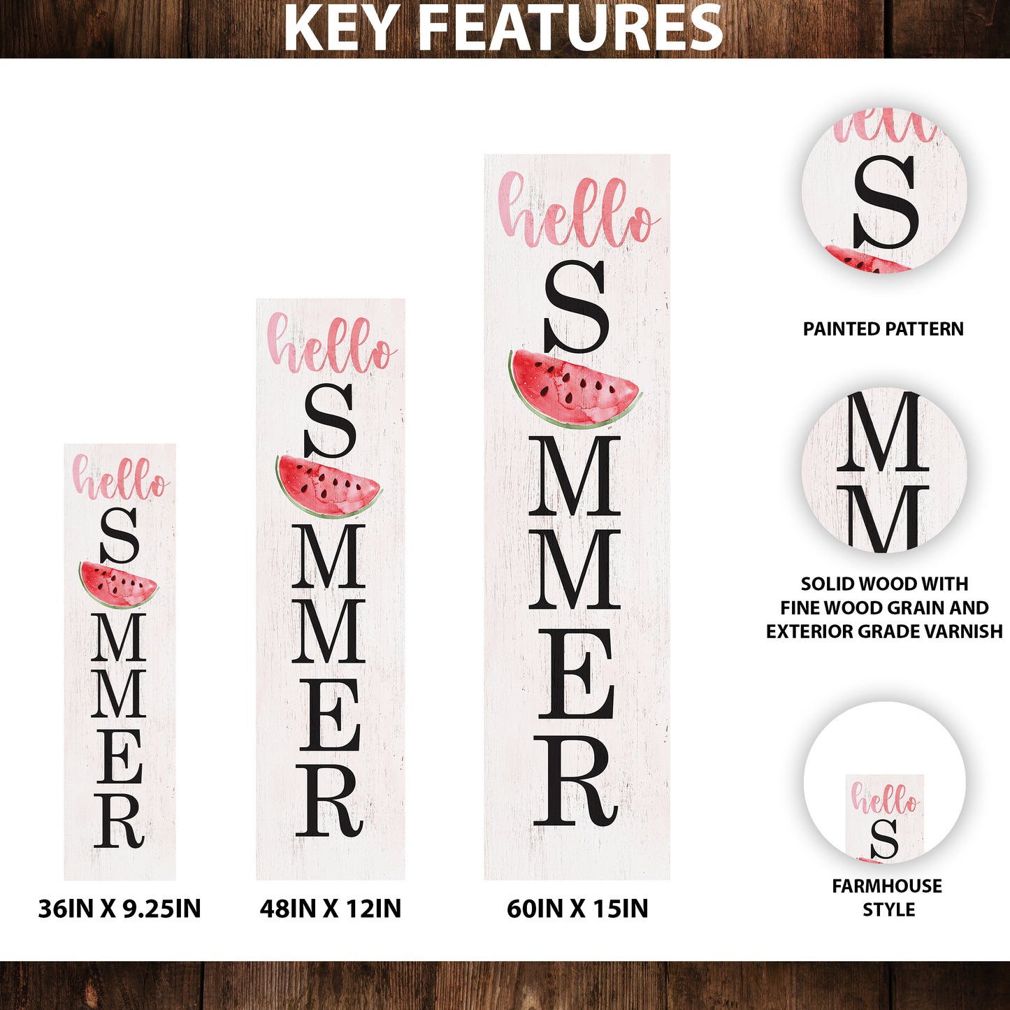 Hello Summer Wooden Porch Sign with Watermelon Pattern | Seasonal Welcome Sign | Front Porch Home Decor | 3 Sizes