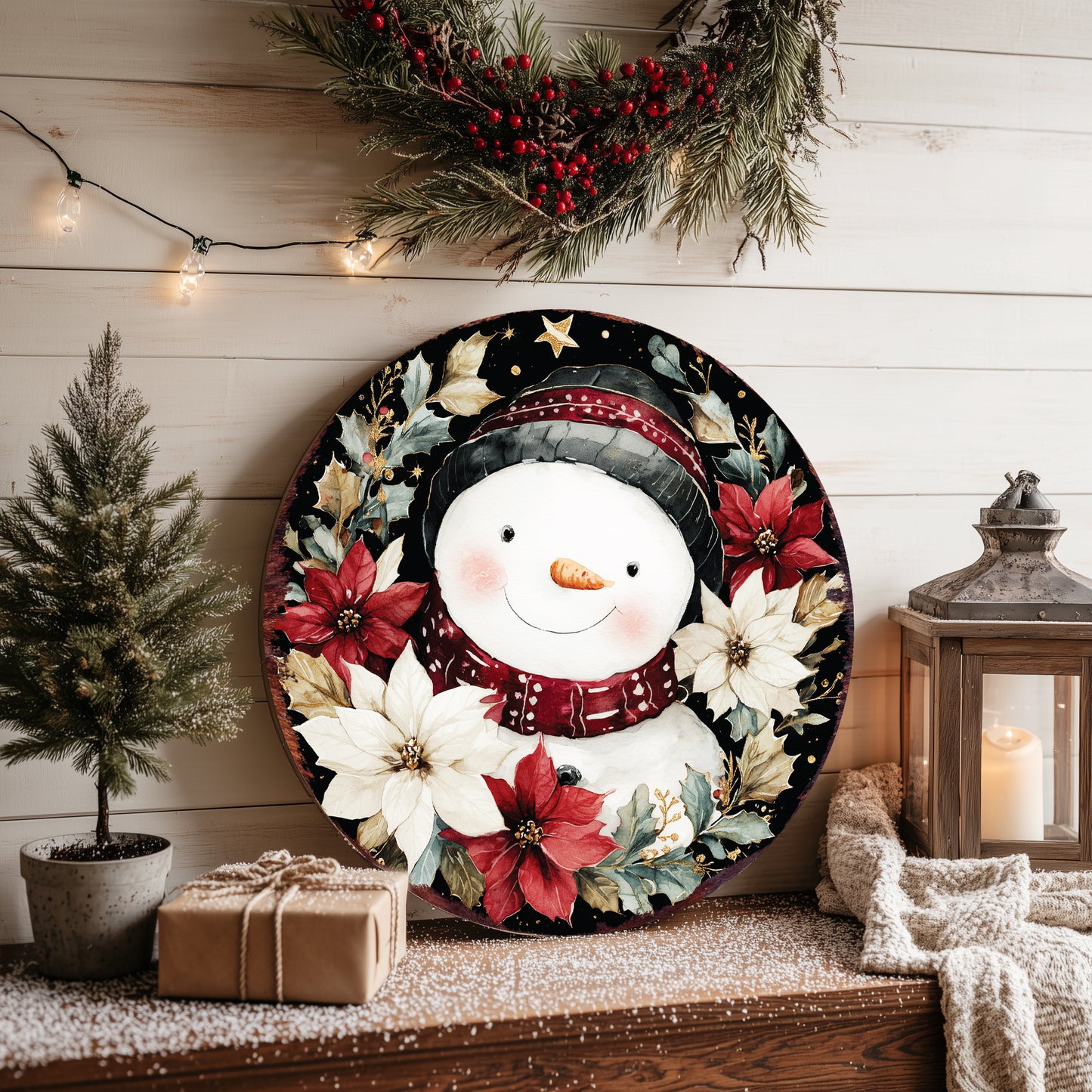 Snowman Christmas Wall Sign – Round Wood Winter Decor with Poinsettias