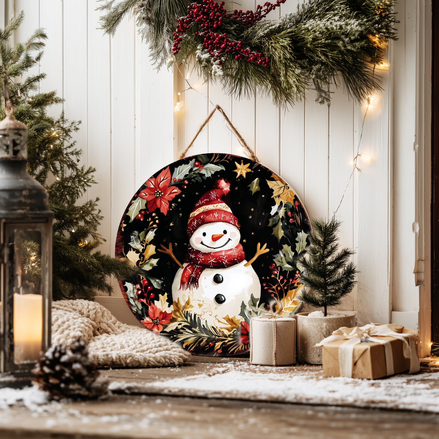 Joyful Snowman Christmas Wall Sign – Round Rustic Winter Holiday Decor