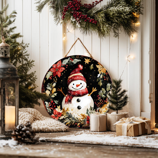 Joyful Snowman Christmas Wall Sign – Round Rustic Winter Holiday Decor