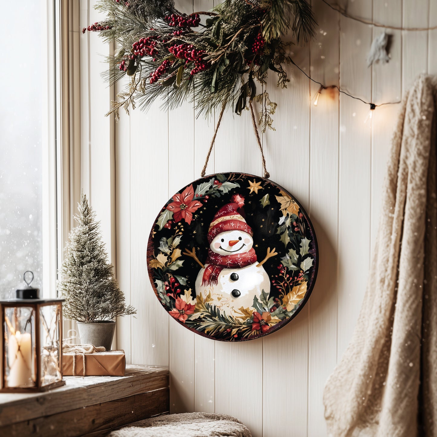 Joyful Snowman Christmas Wall Sign – Round Rustic Winter Holiday Decor