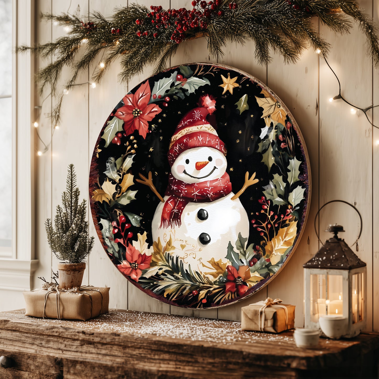 Joyful Snowman Christmas Wall Sign – Round Rustic Winter Holiday Decor