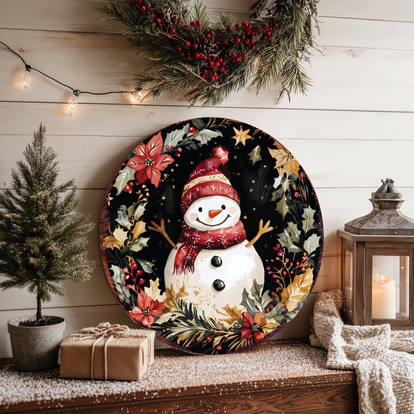 Joyful Snowman Christmas Wall Sign – Round Rustic Winter Holiday Decor