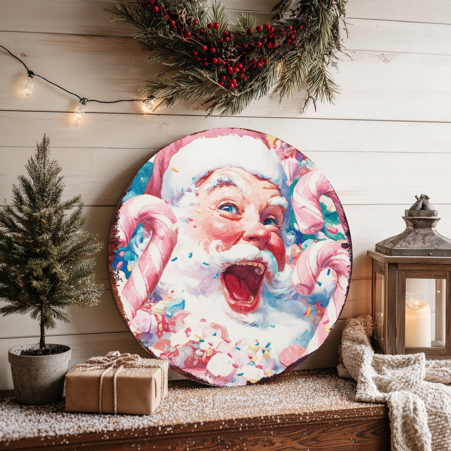 Whimsical Santa Christmas Wall Sign | Round Candy Cane Holiday Decor