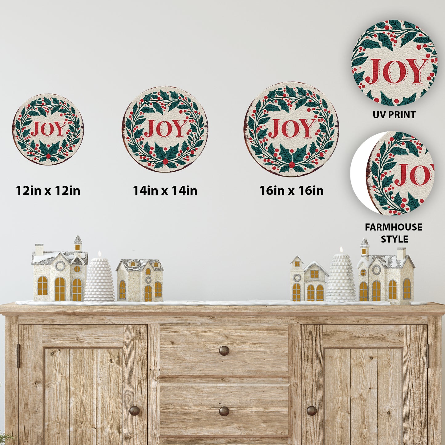 JOY Christmas Wall Sign – Round Farmhouse Holiday Decor with Holly & Berries