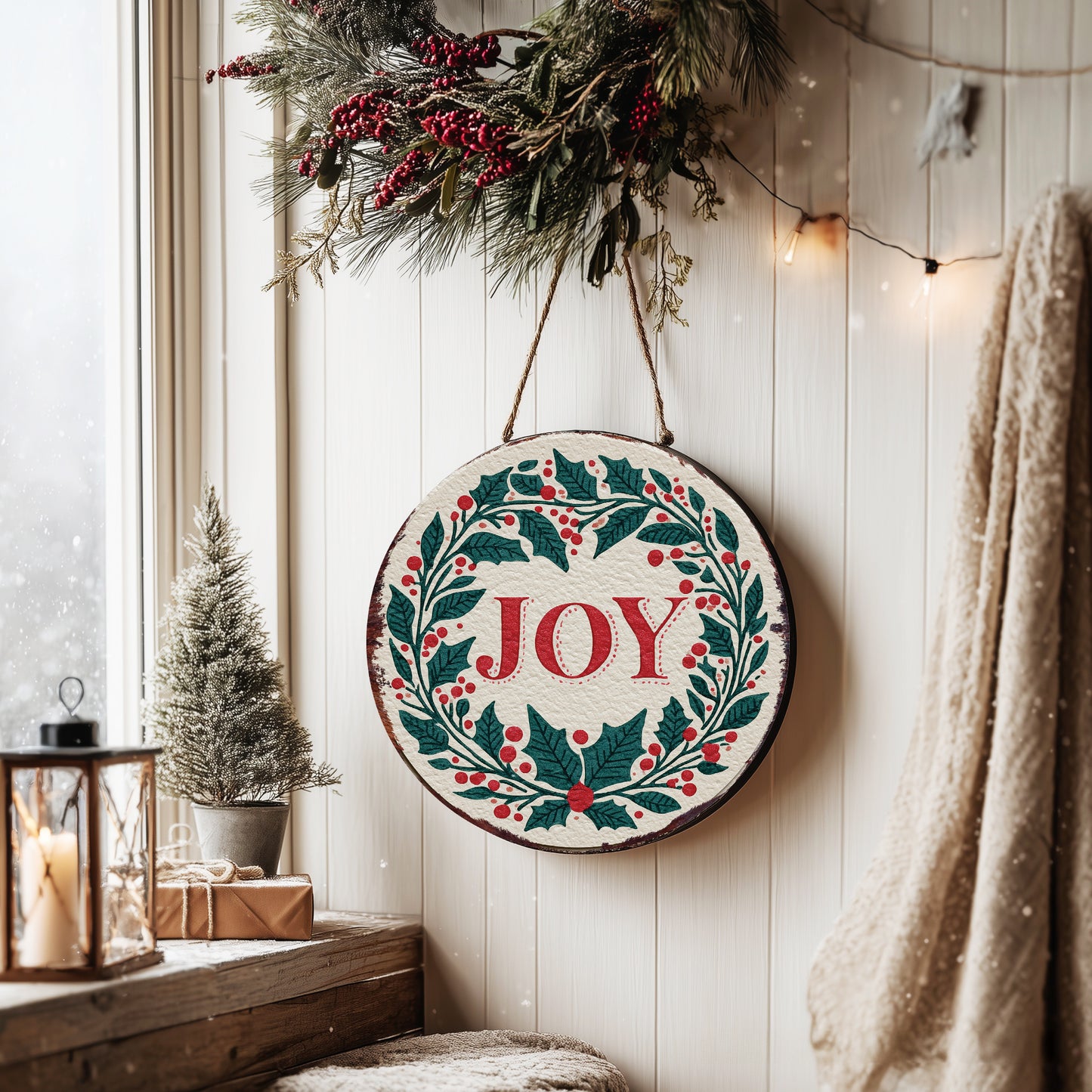 JOY Christmas Wall Sign – Round Farmhouse Holiday Decor with Holly & Berries
