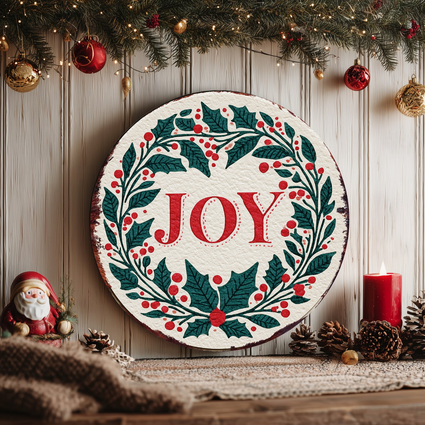 JOY Christmas Wall Sign – Round Farmhouse Holiday Decor with Holly & Berries