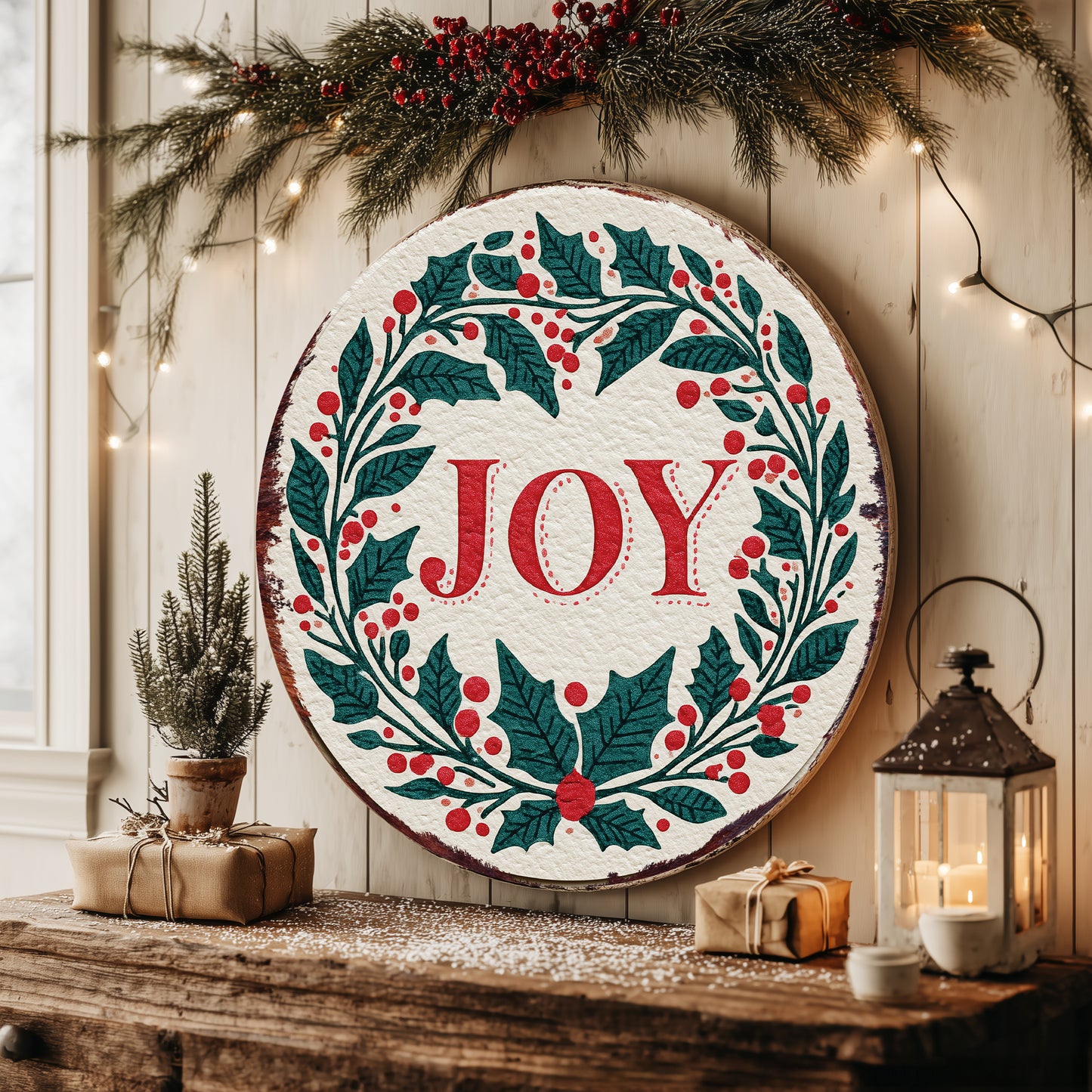 JOY Christmas Wall Sign – Round Farmhouse Holiday Decor with Holly & Berries