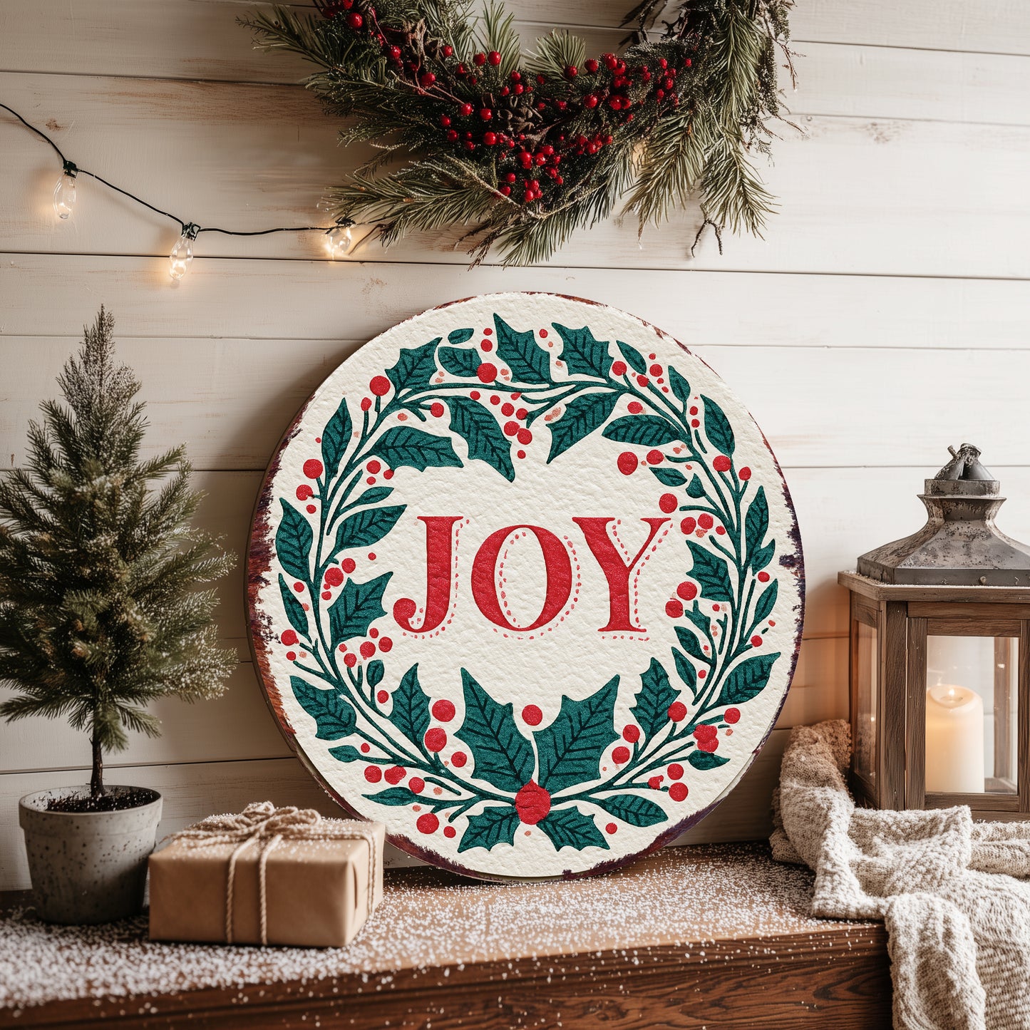 JOY Christmas Wall Sign – Round Farmhouse Holiday Decor with Holly & Berries