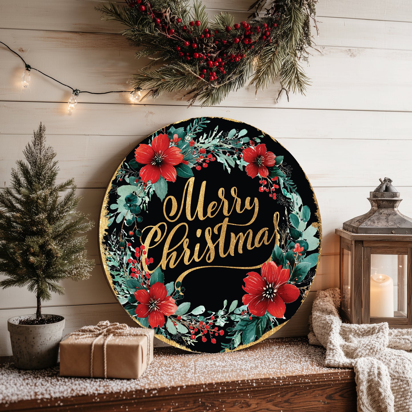 Merry Christmas Door Sign | Elegant Round Floral Wreath Holiday Decor