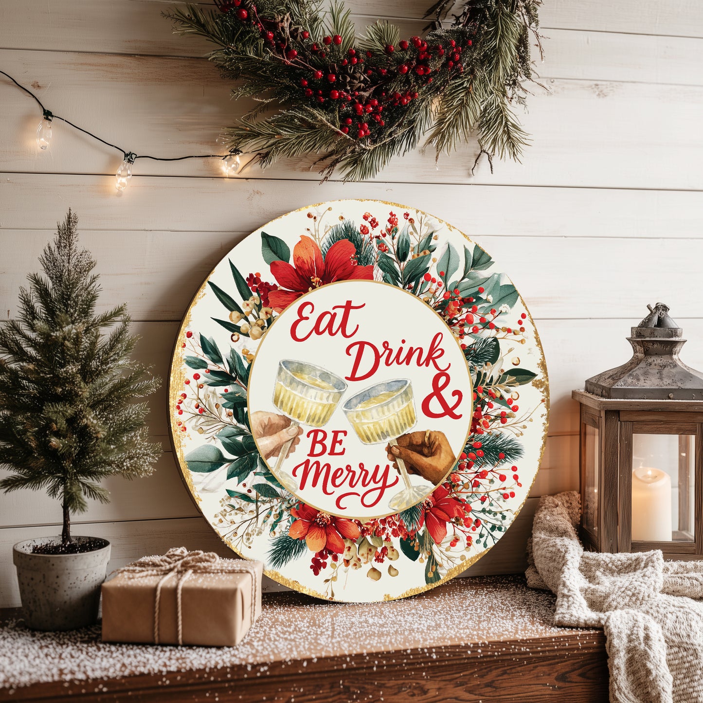 Festive Christmas Be Merry Round Sign | Rustic Holiday Wall Decor