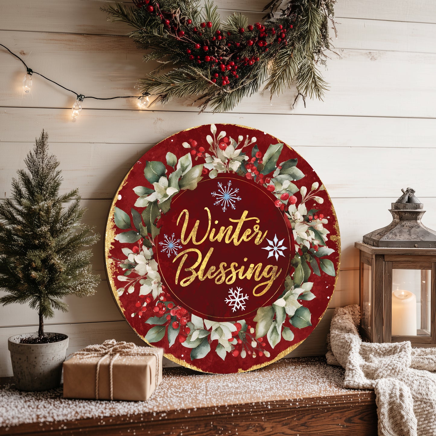 Festive Winter Blessing Round Sign | Cozy Farmhouse Door & Wall Art