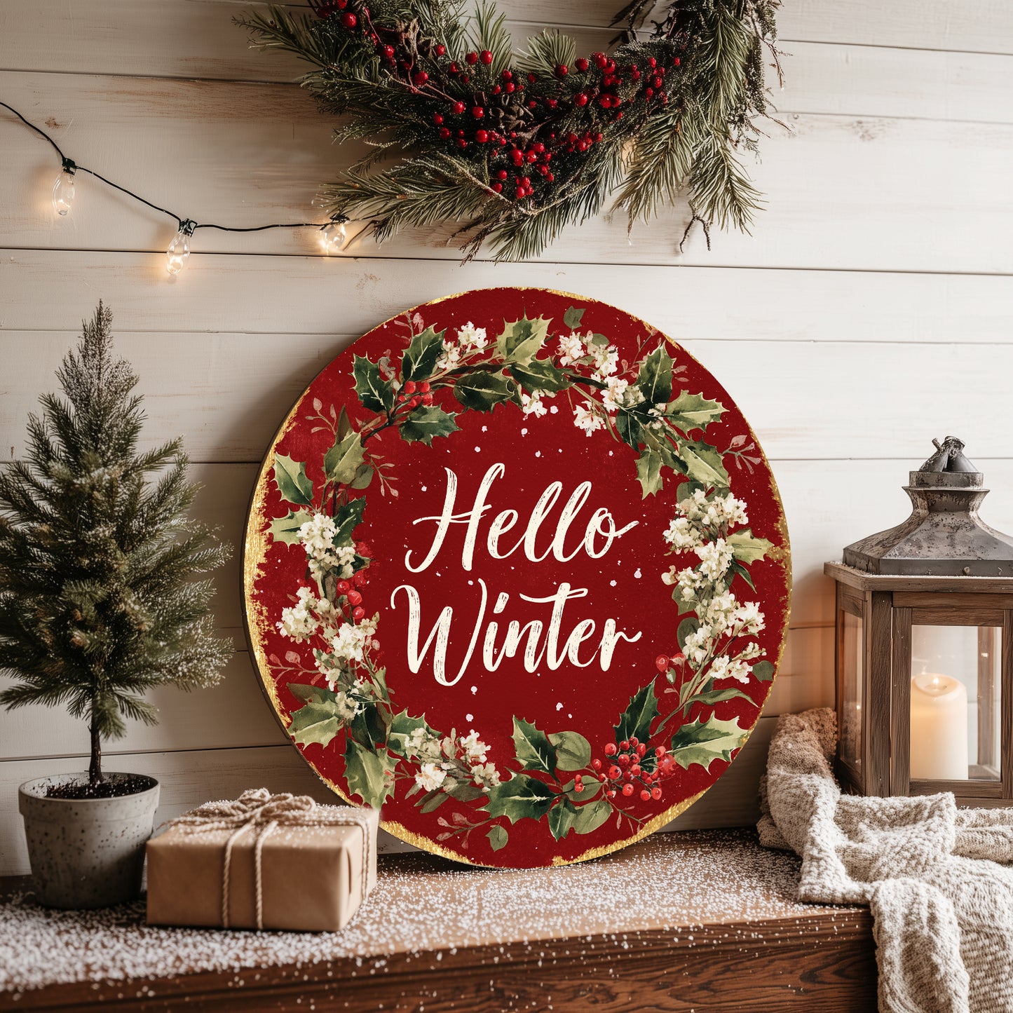 Cozy Hello Winter Round Sign | Modern Farmhouse Door & Wall Decor