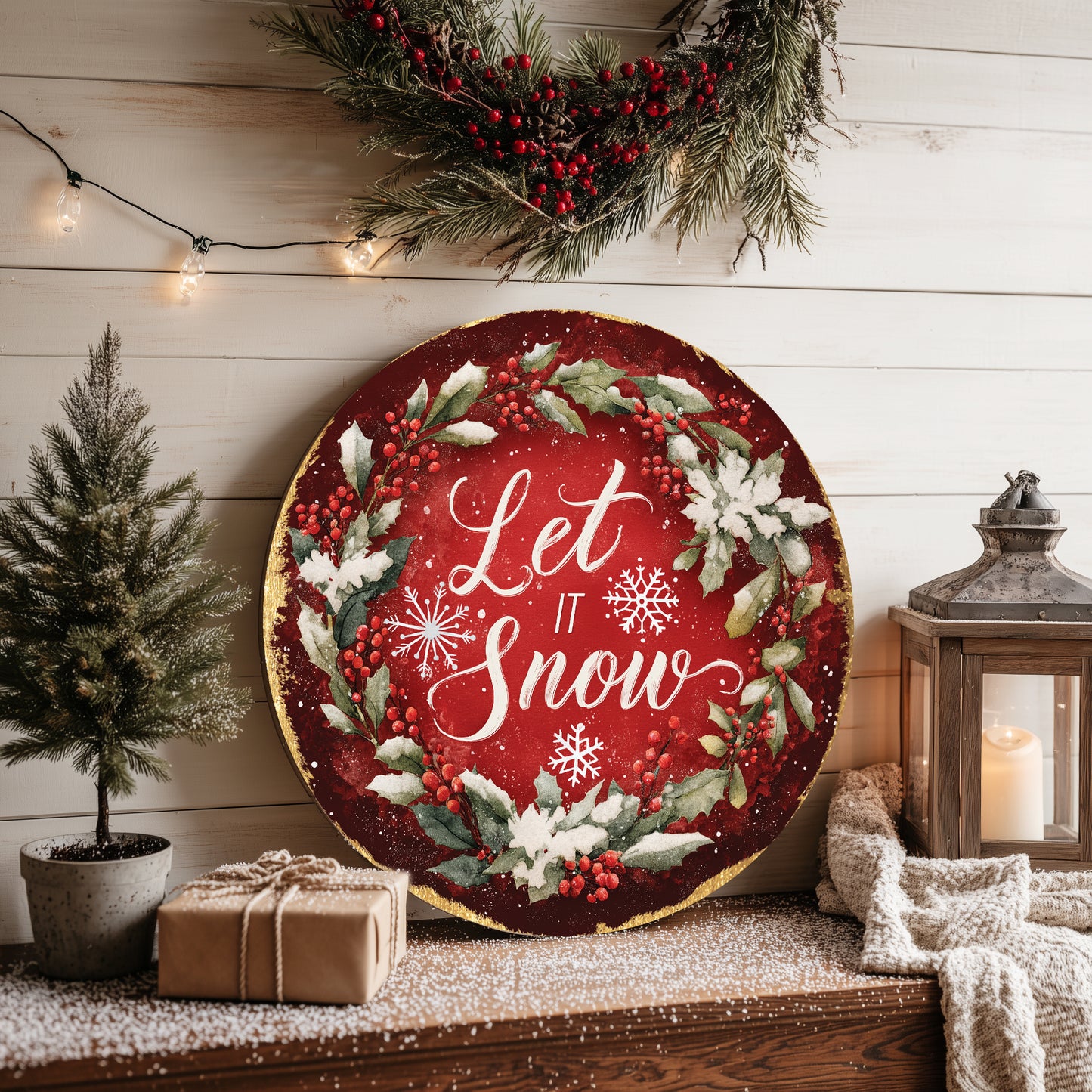 Cozy Winter 'Let It Snow' Round Sign | Modern Farmhouse Door Decor