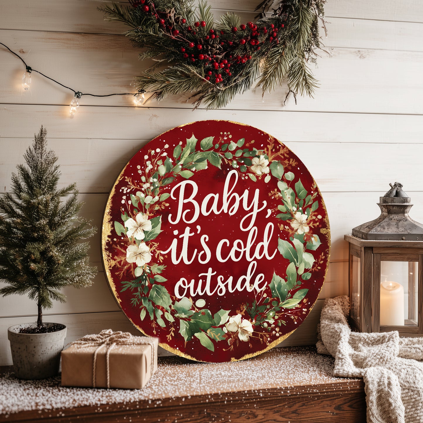Cozy Winter 'Baby It's Cold Outside' Farmhouse Round Door Sign