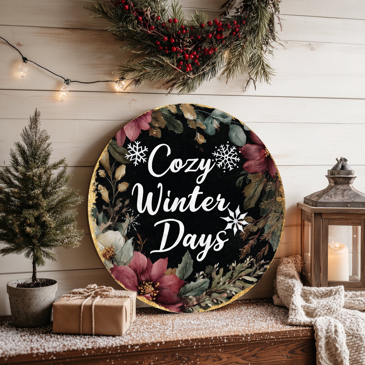 Winter Farmhouse Welcome Door Sign | Cozy Round Home Decor