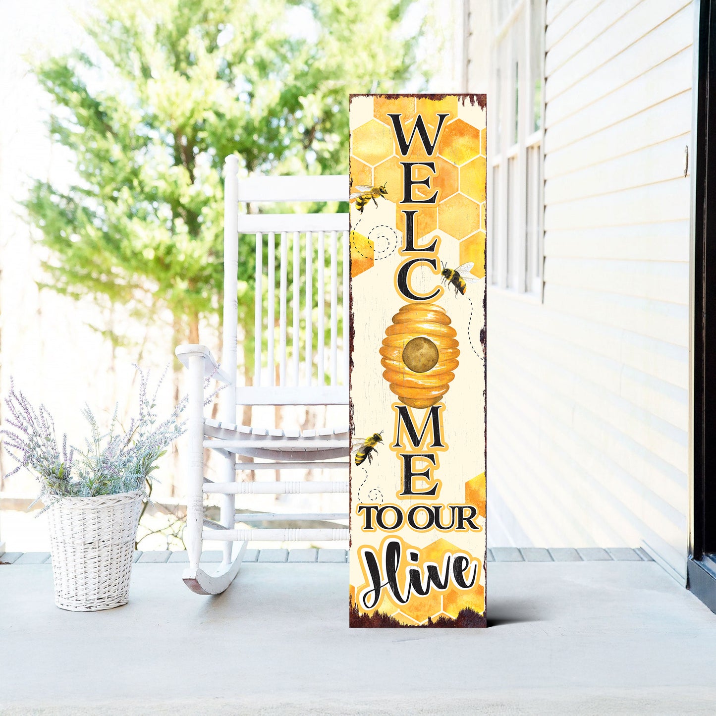 Welcome to Our Hive Summer Porch Sign | Bee-Themed Decor | UV Print | Front Door, Porch, Entryway, or Indoor Display | Multi Sizes
