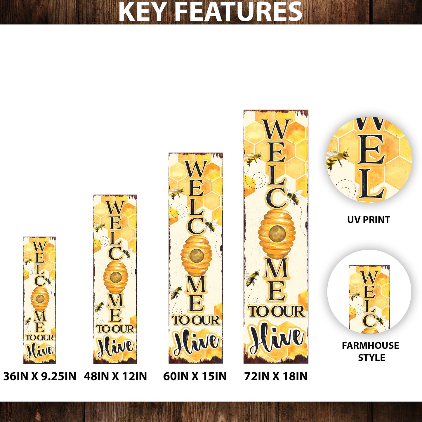Welcome to Our Hive Summer Porch Sign | Bee-Themed Decor | UV Print | Front Door, Porch, Entryway, or Indoor Display | Multi Sizes