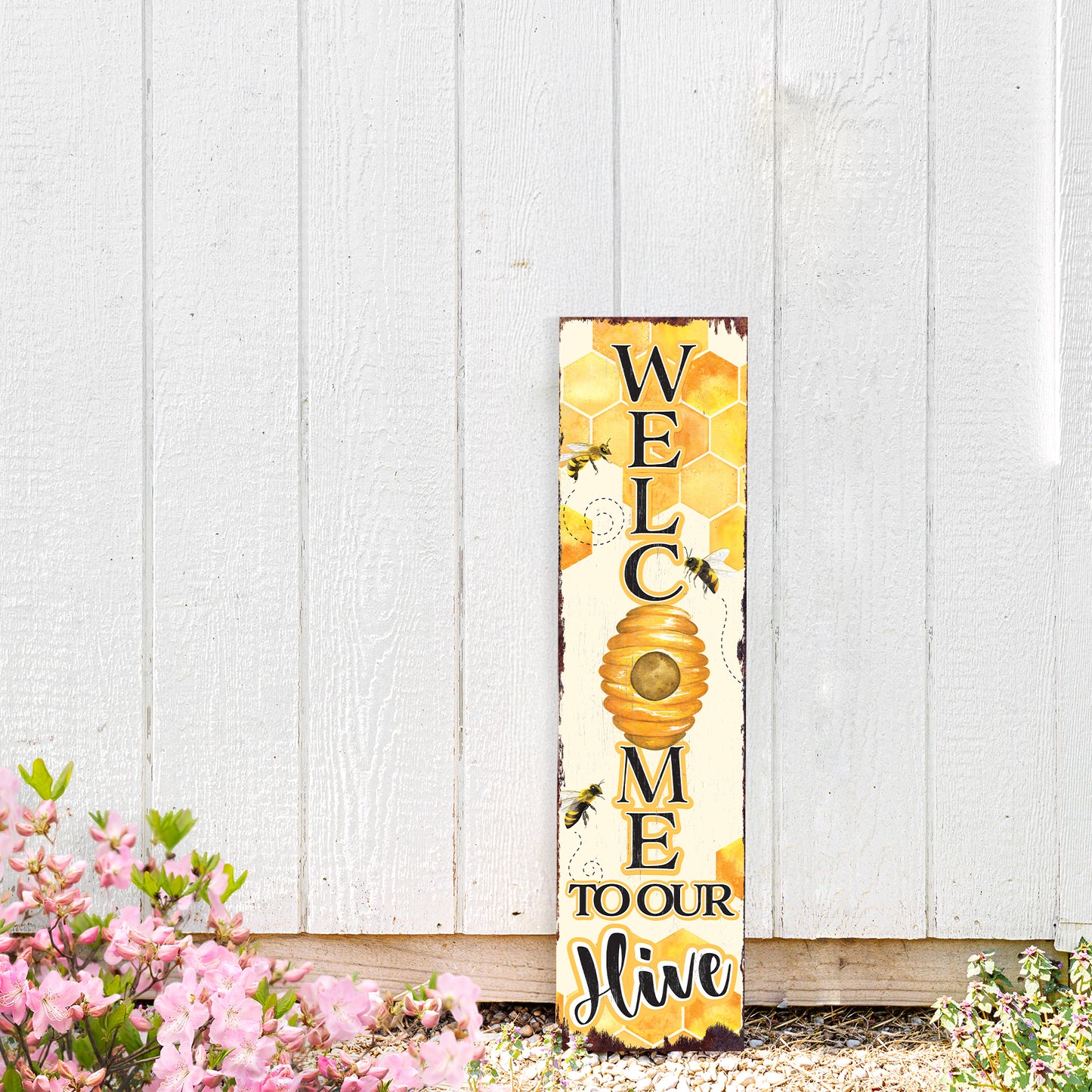 Welcome to Our Hive Summer Porch Sign | Bee-Themed Decor | UV Print | Front Door, Porch, Entryway, or Indoor Display | Multi Sizes