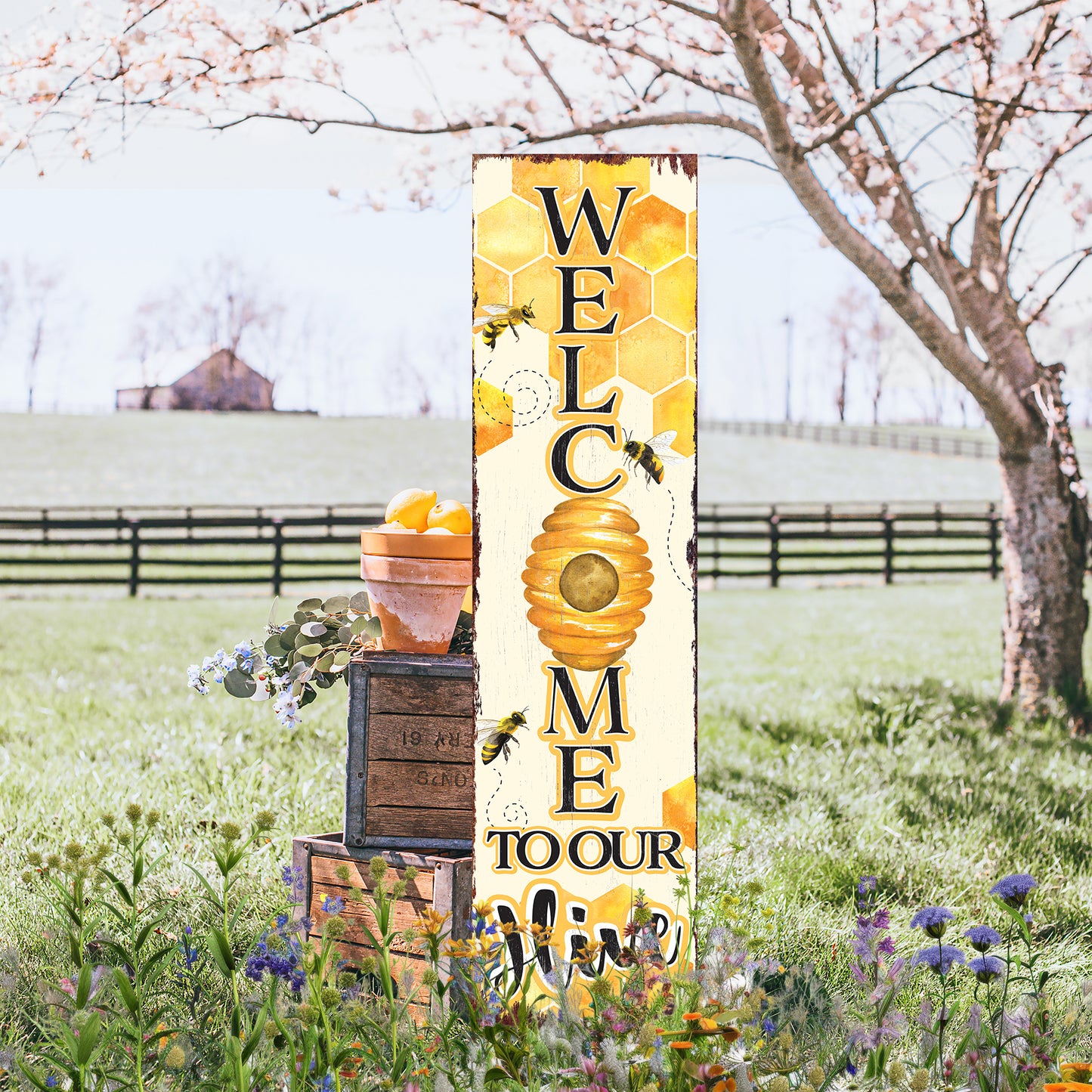 Welcome to Our Hive Summer Porch Sign | Bee-Themed Decor | UV Print | Front Door, Porch, Entryway, or Indoor Display | Multi Sizes