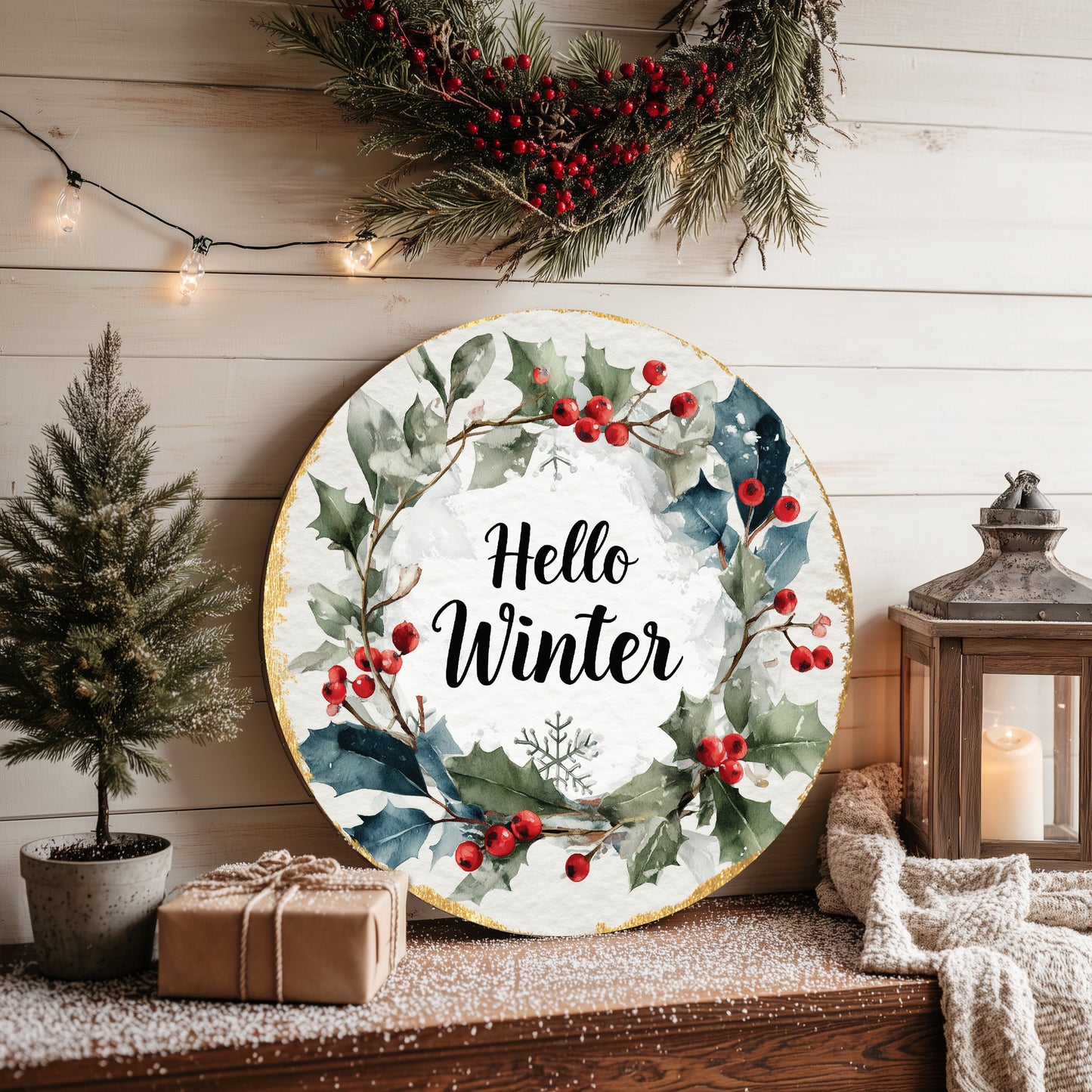 Hello Winter Farmhouse Round Wall Sign | Rustic Seasonal Decor
