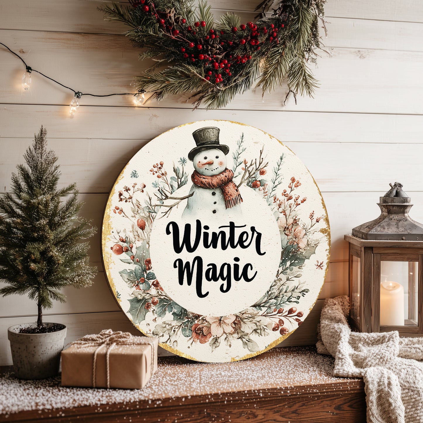 Cozy Winter Snowman Welcome Sign | Rustic Farmhouse Front Door Wall Decor