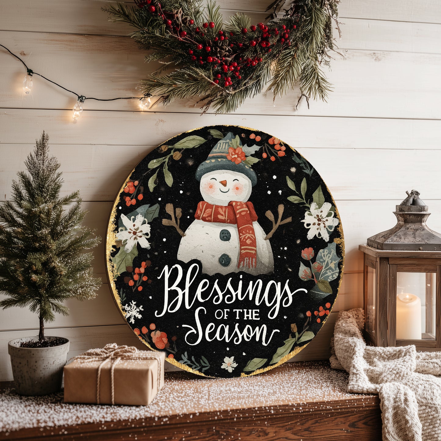Winter Blessings Round Door Sign | Farmhouse Holiday Wall Decor