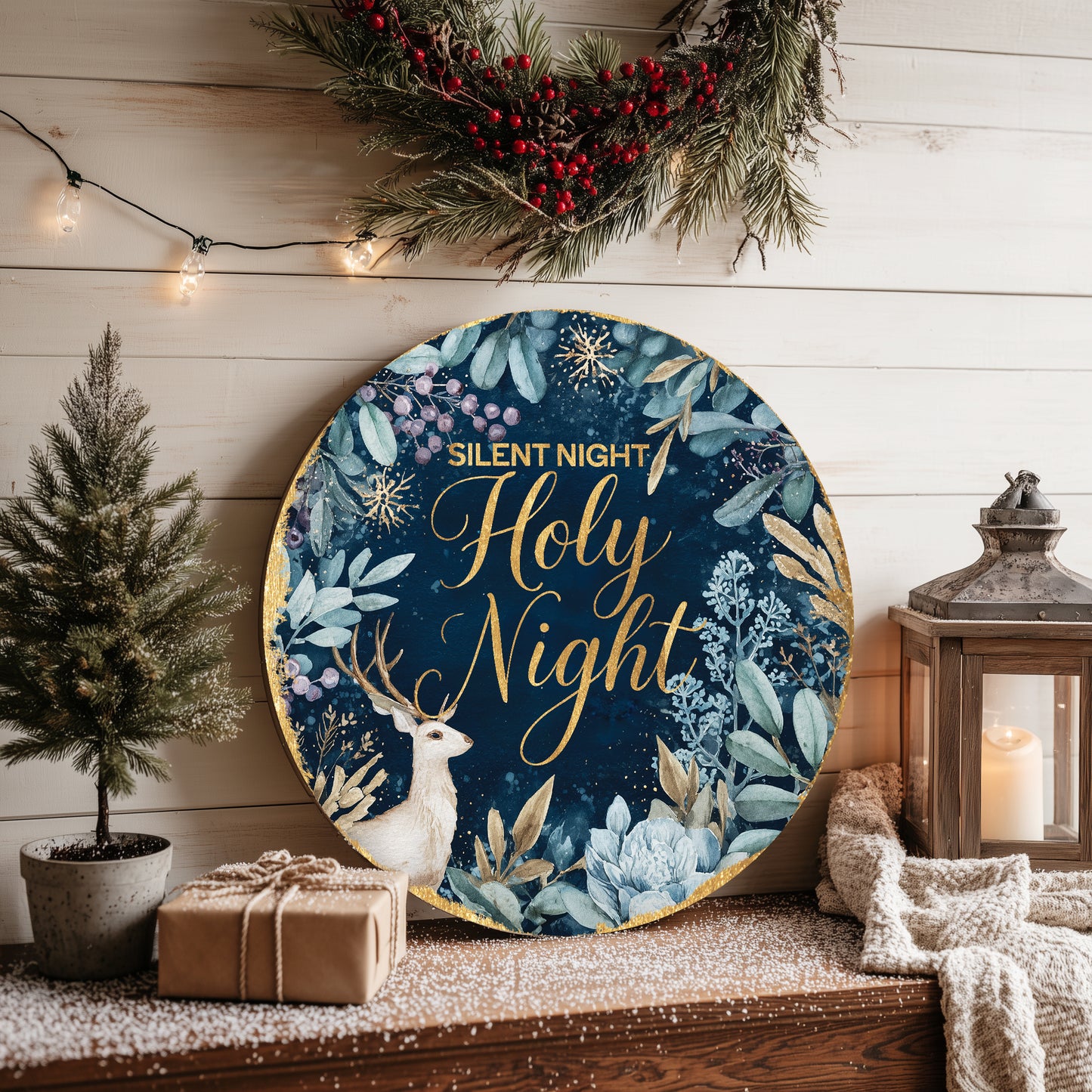 Cozy Farmhouse Silent Night Winter Door Sign | Rustic Christmas Decor