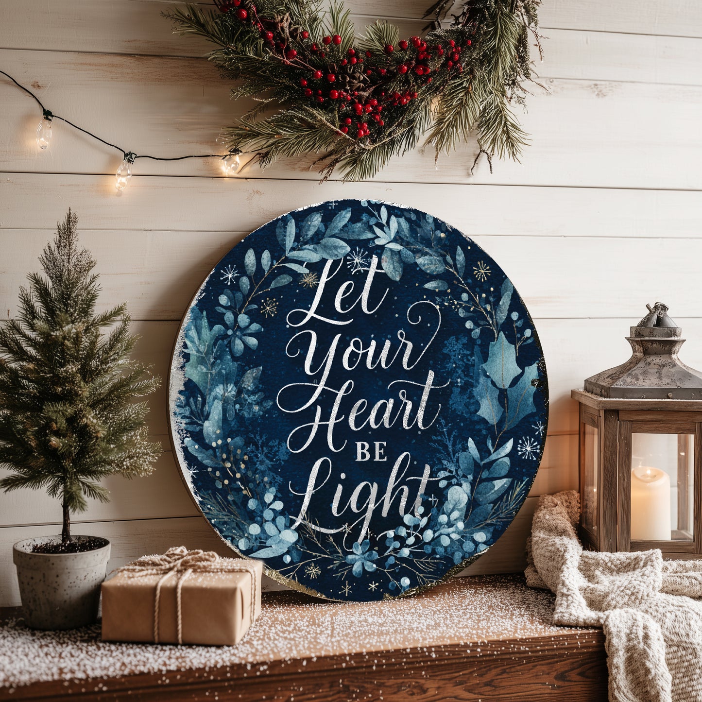 Winter Farmhouse Wall Sign | Rustic 'Let Your Heart Be Light' Decor