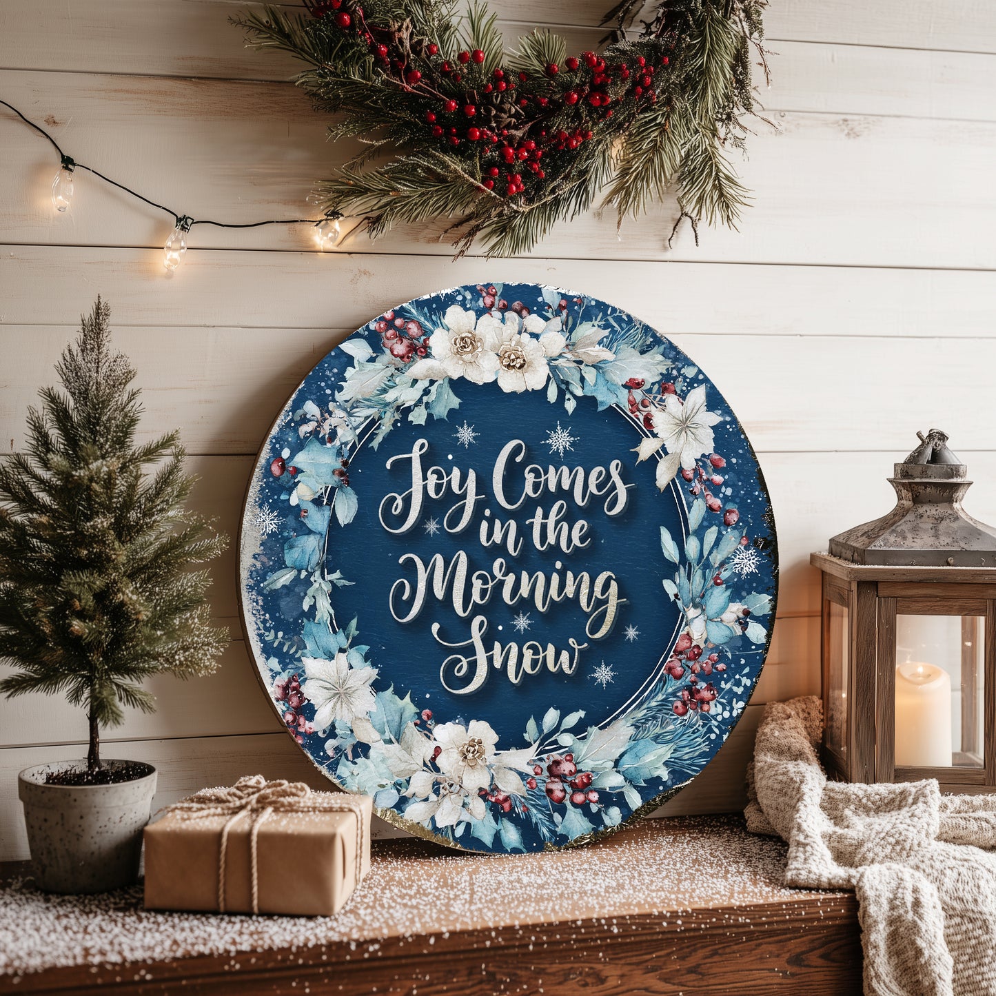 Winter Farmhouse Wall Art | Rustic Joy Comes in the Morning Sign