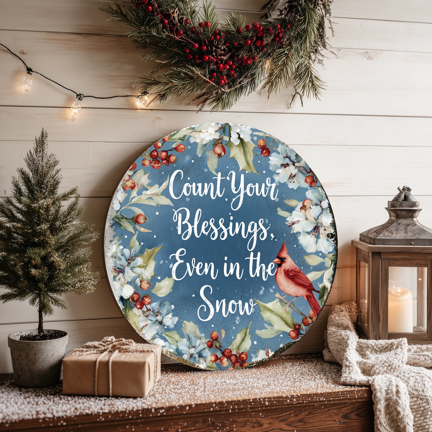 Winter Farmhouse Blessings Round Wall Sign | Rustic Cozy Home Decor