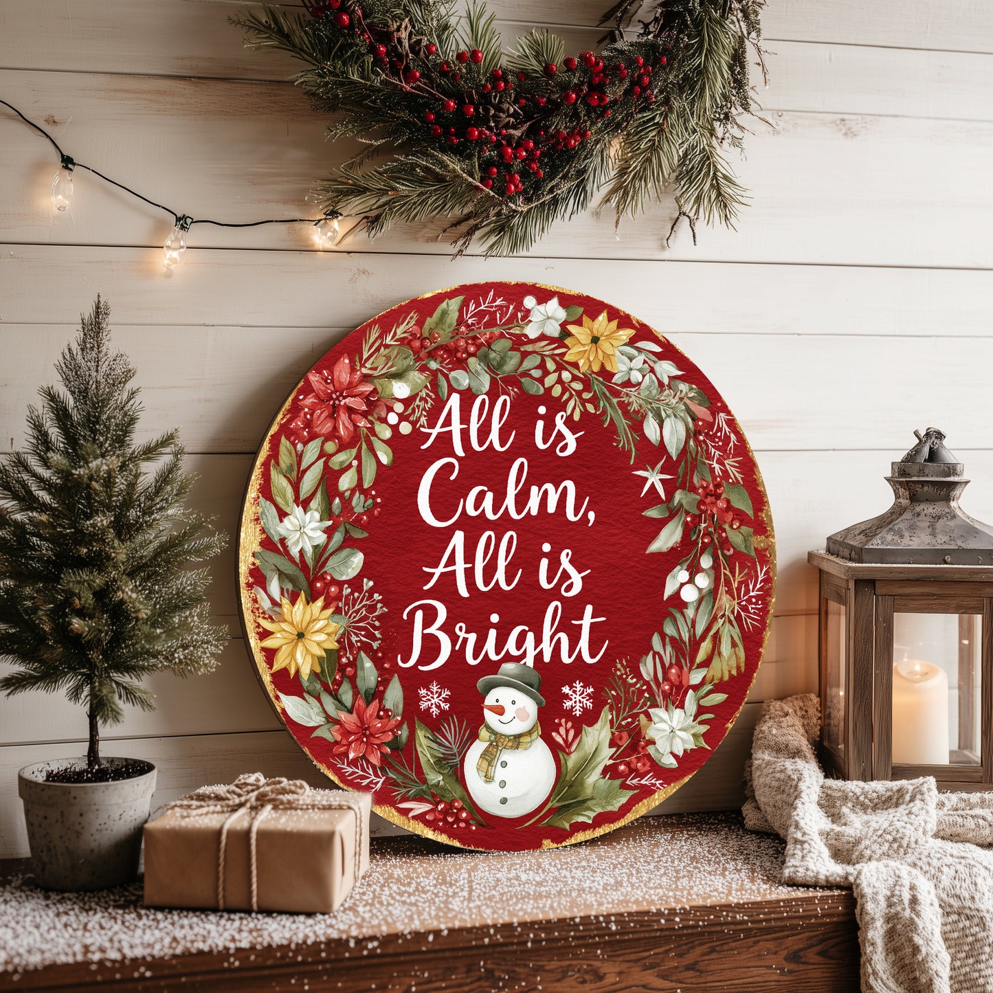 Calm Winter Door Sign | Farmhouse 'All Is Bright' Holiday Decor