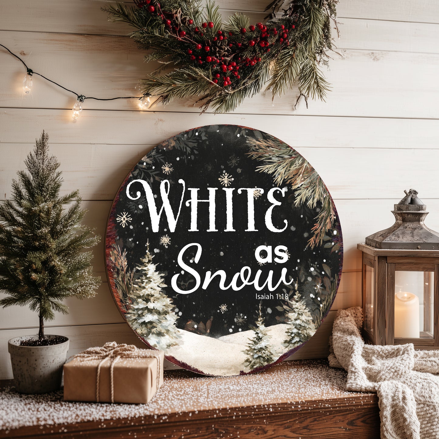Christmas Scripture Wall Sign | White as Snow Isaiah 1:18 Round Decor