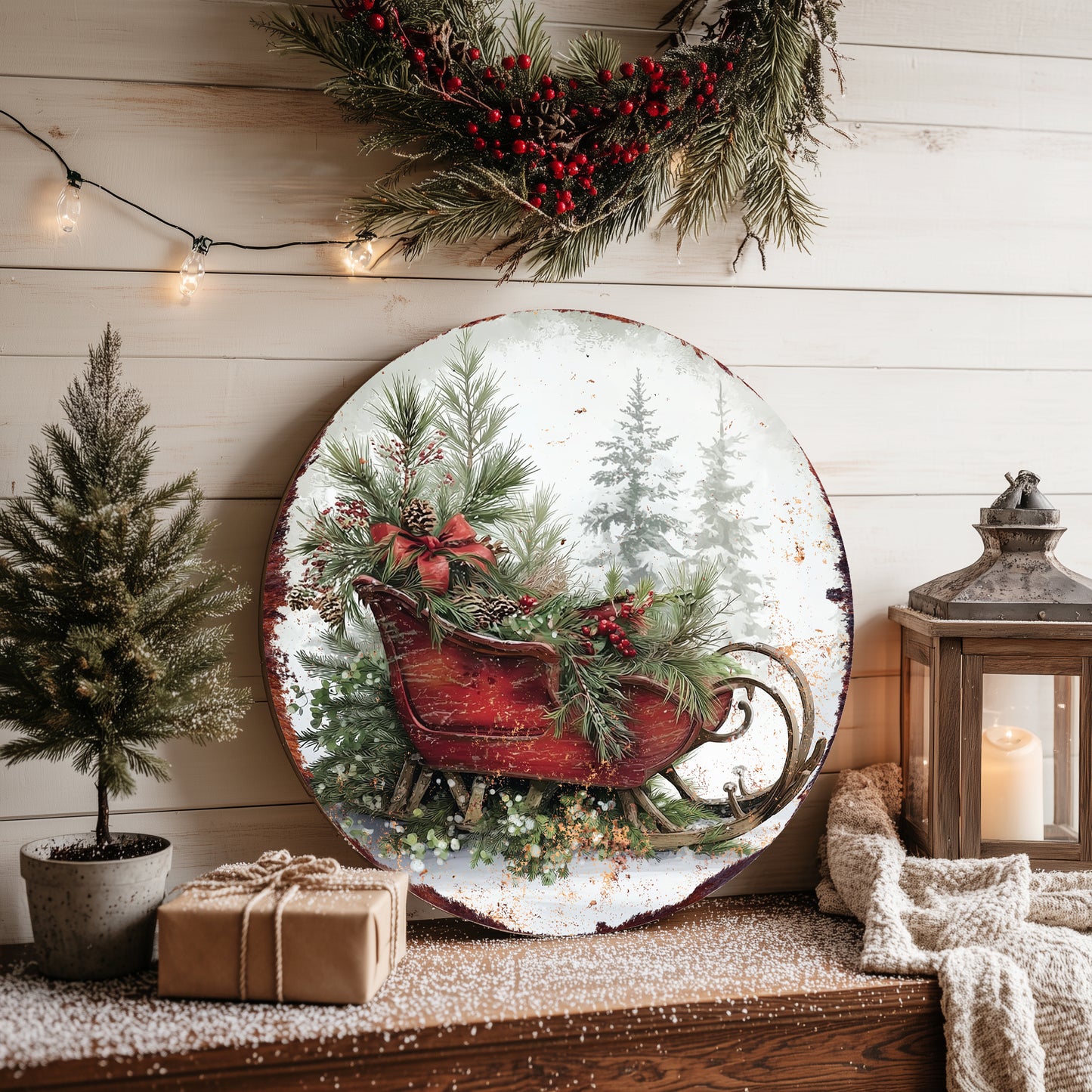 Christmas Sleigh Wall Sign | Festive Round Holiday Decor for Home