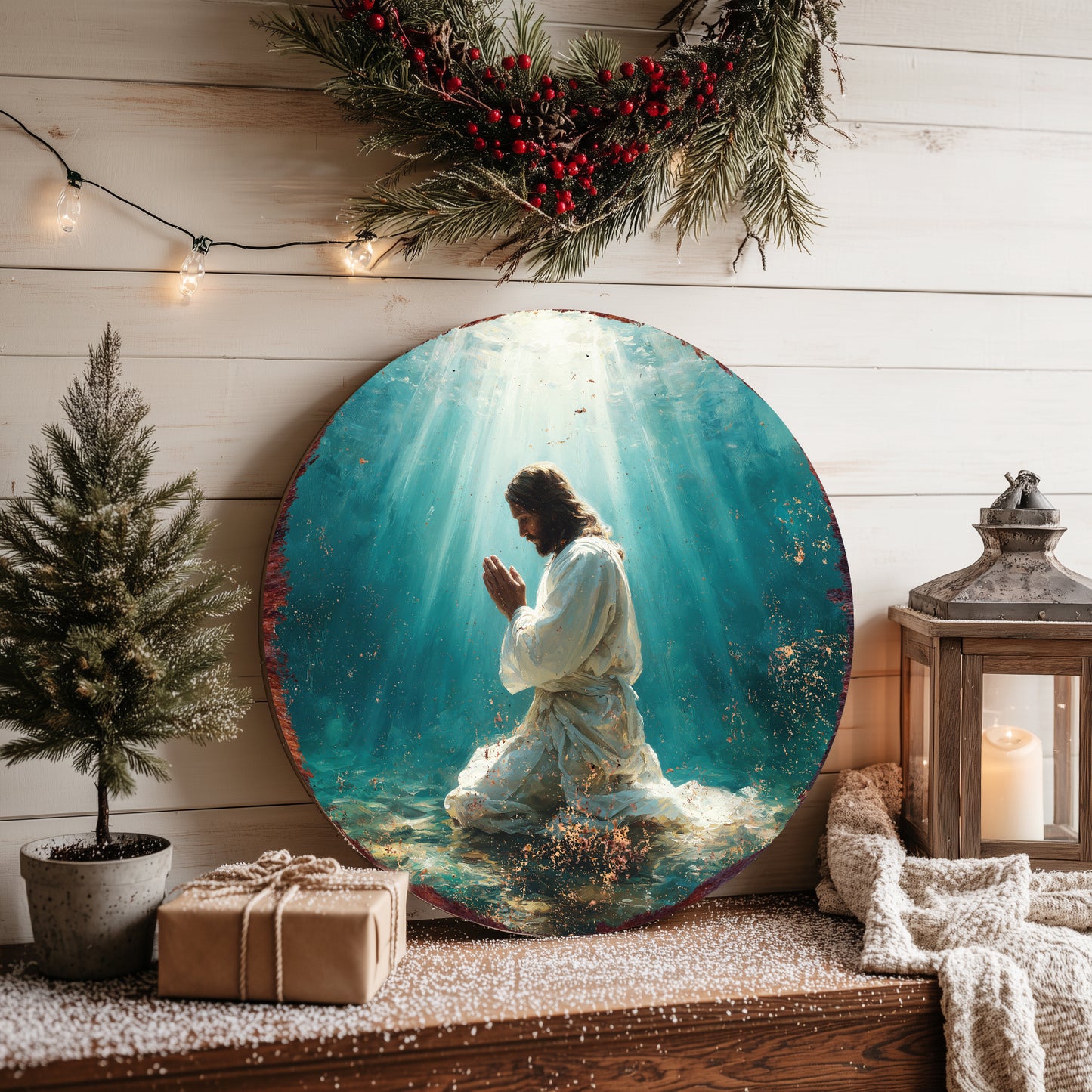 Rustic Jesus Pray Round Wall Art | Christian Home Decor