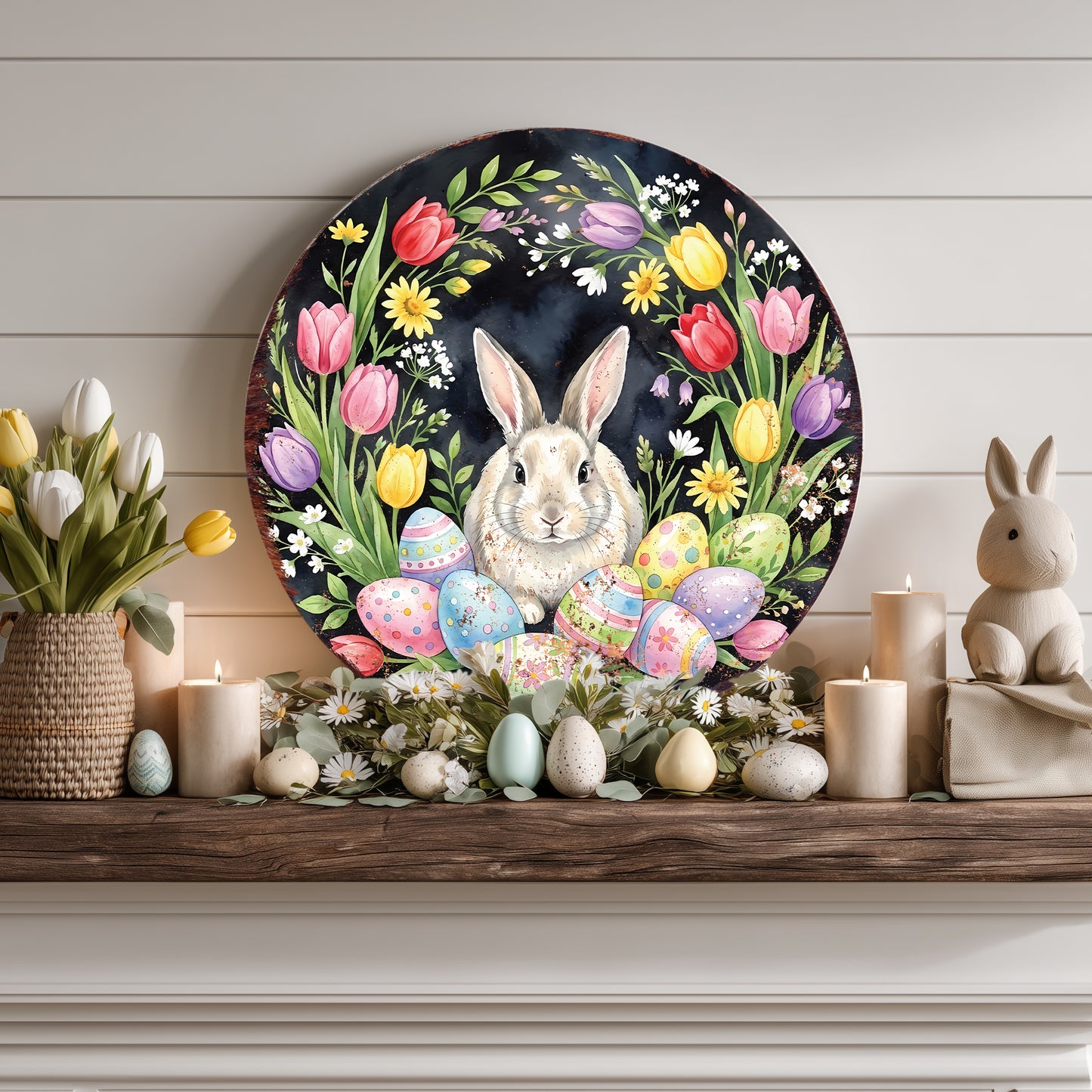 Easter Farmhouse Welcome Sign - Rustic Bunny Porch Decor for Spring Entryway & Door