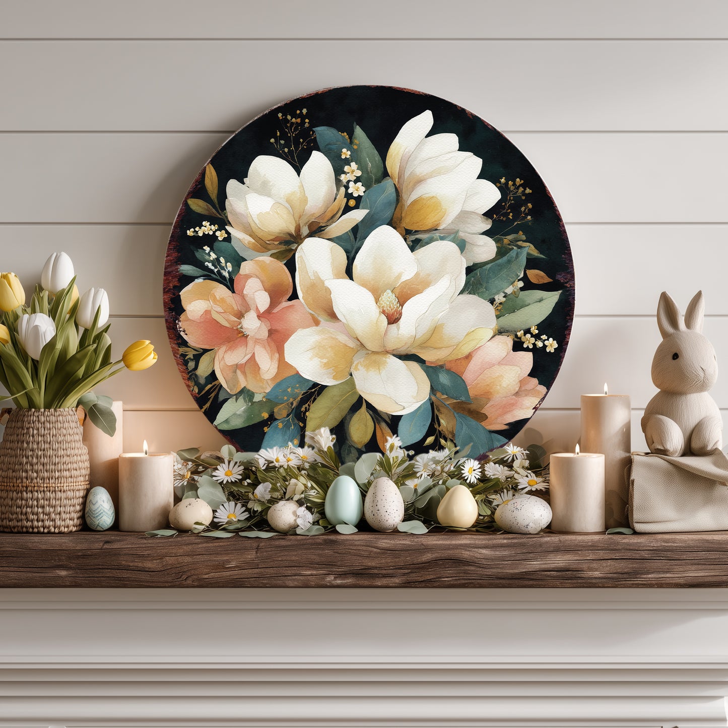 Spring Farmhouse Welcome Sign - Rustic Magnolia Floral Door & Porch Decor