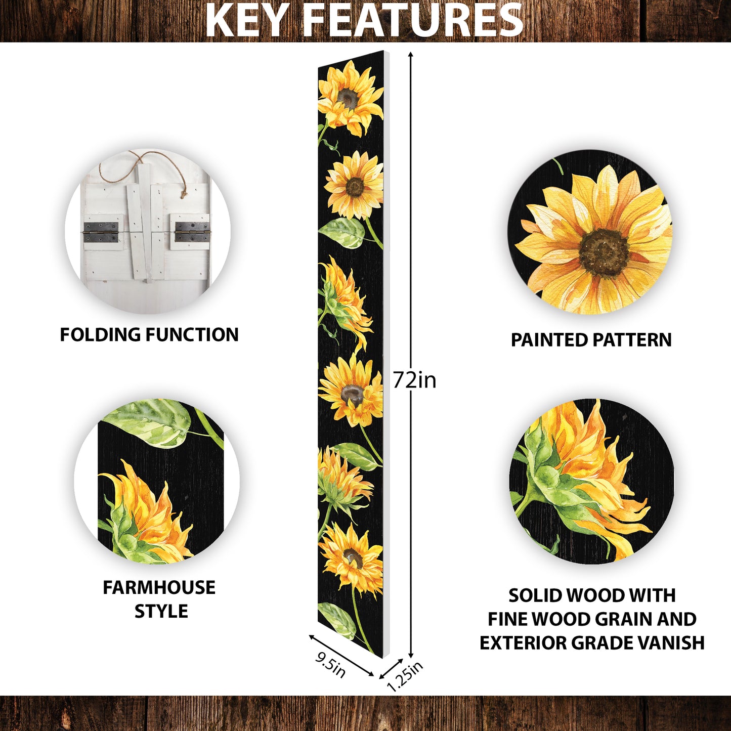 72in Sunflower Porch Sign, Charming Wooden Welcome Decor for Front Door, Rustic Black Garden Wall Art, Seasonal Home Decoration