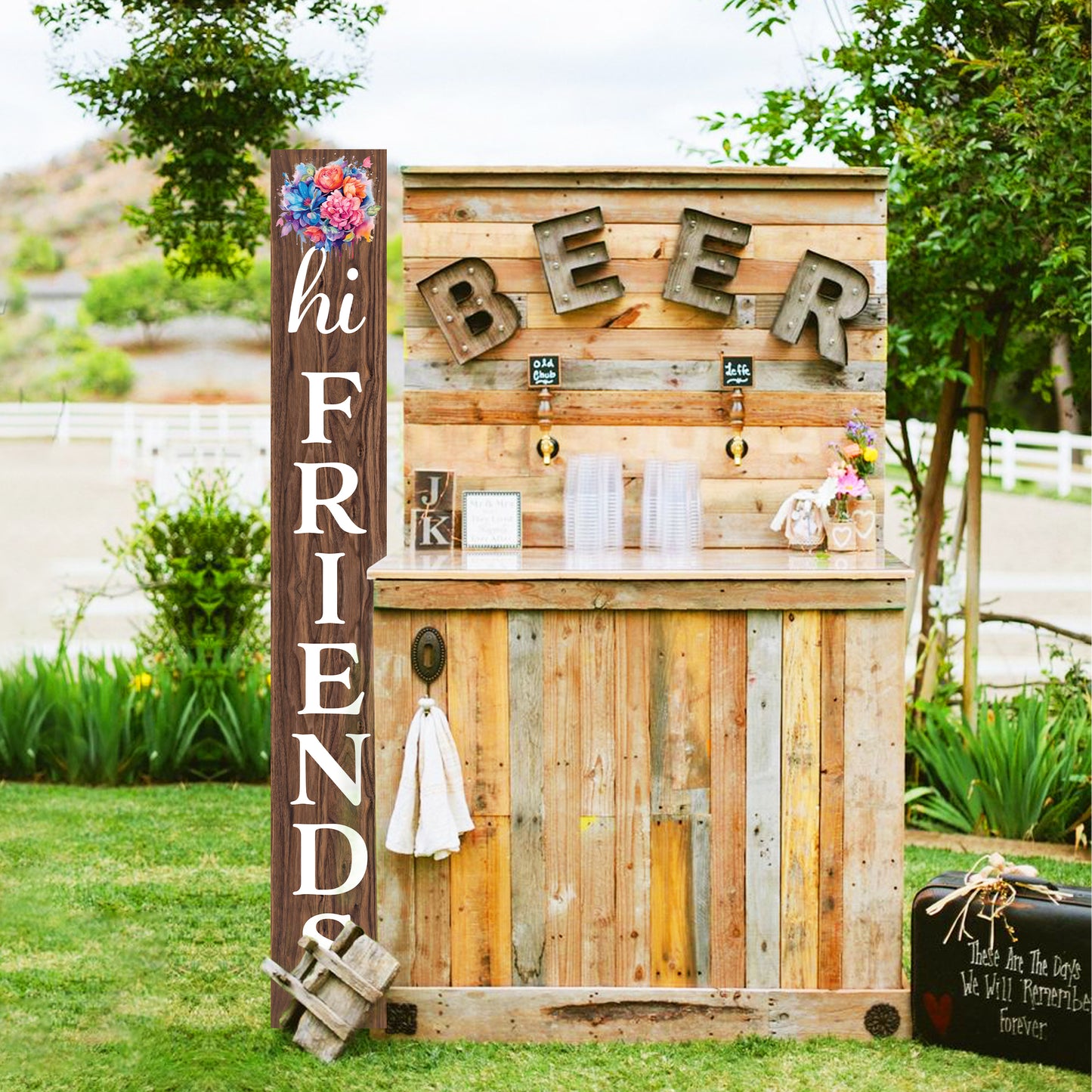 Welcome Your Guests with a Warm Touch: 72in Foldable "Hi Friends" Brown Porch Sign, Perfect Outdoor Decor for All Seasons
