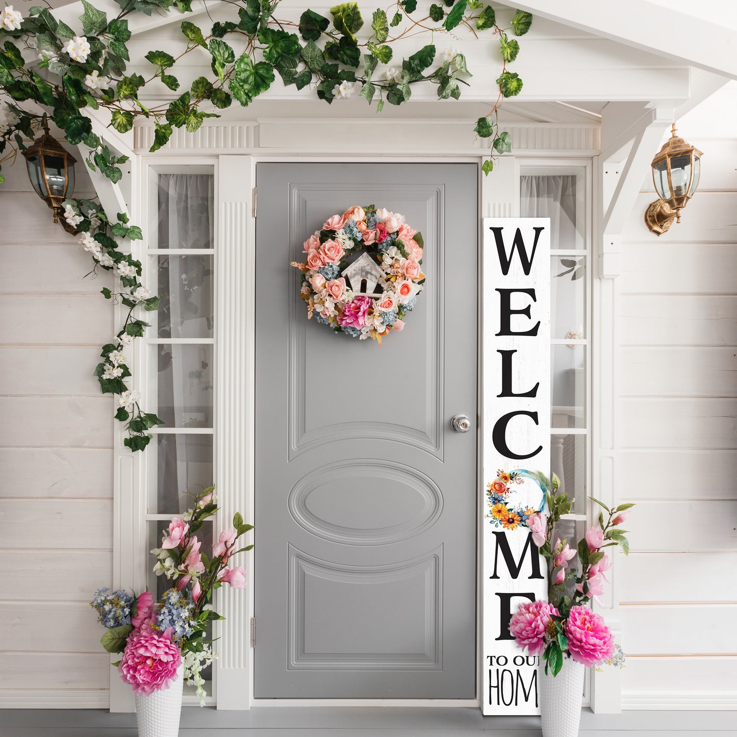 72In Welcome To Our Home With Watercolor Color Wreath Foldable White Welcome Sign For Front Door Porch Decor