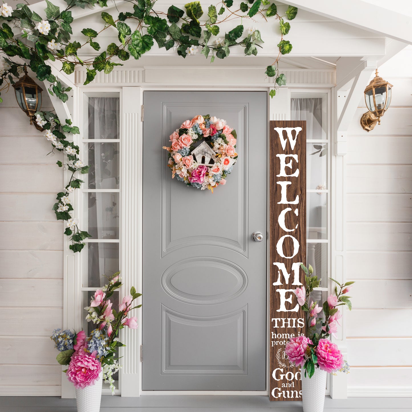 72in 'This Home is Protected by God and Guns' | Foldable Wooden Front Door & Porch Sign | Bold Home Security Statement | Brown