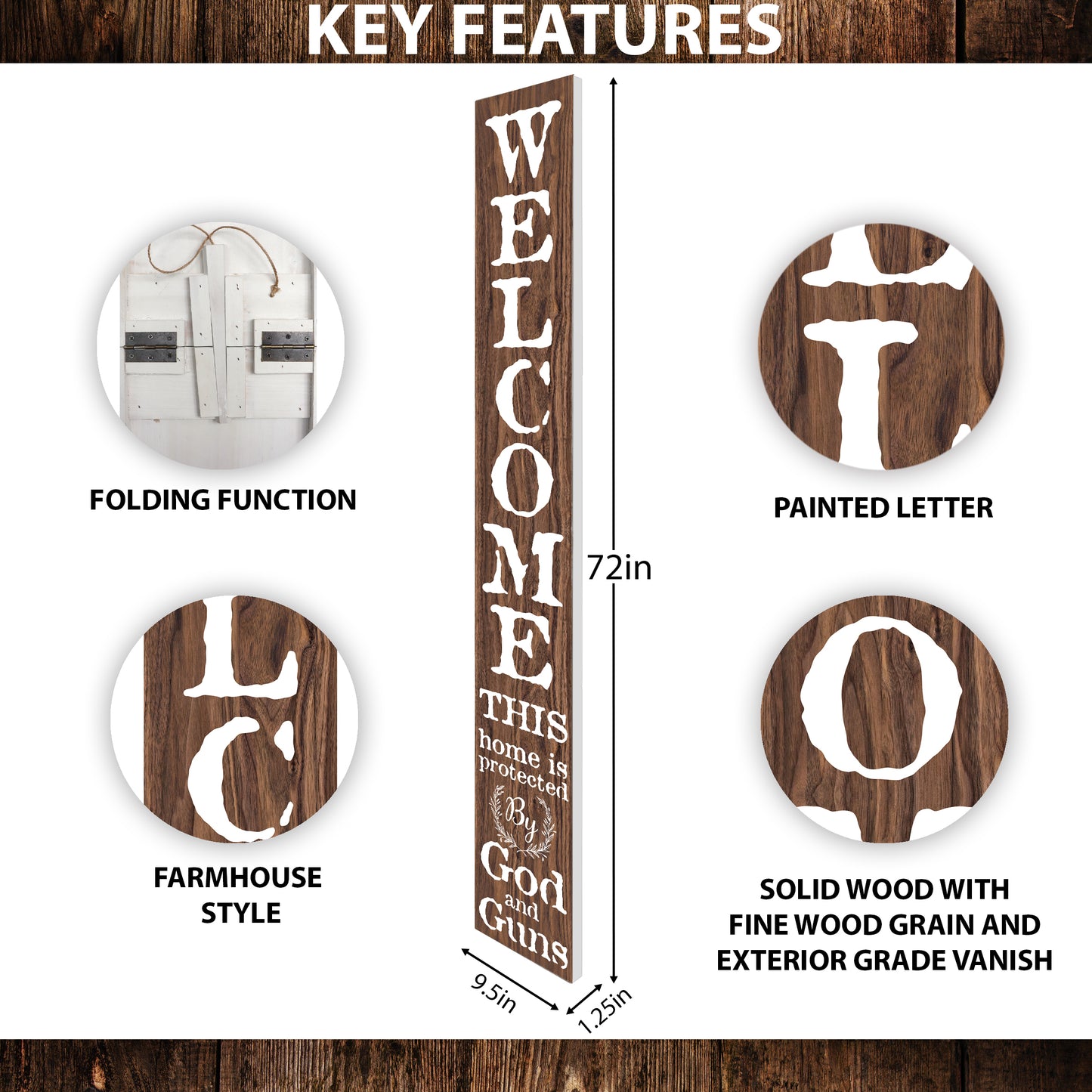 72in 'This Home is Protected by God and Guns' | Foldable Wooden Front Door & Porch Sign | Bold Home Security Statement | Brown