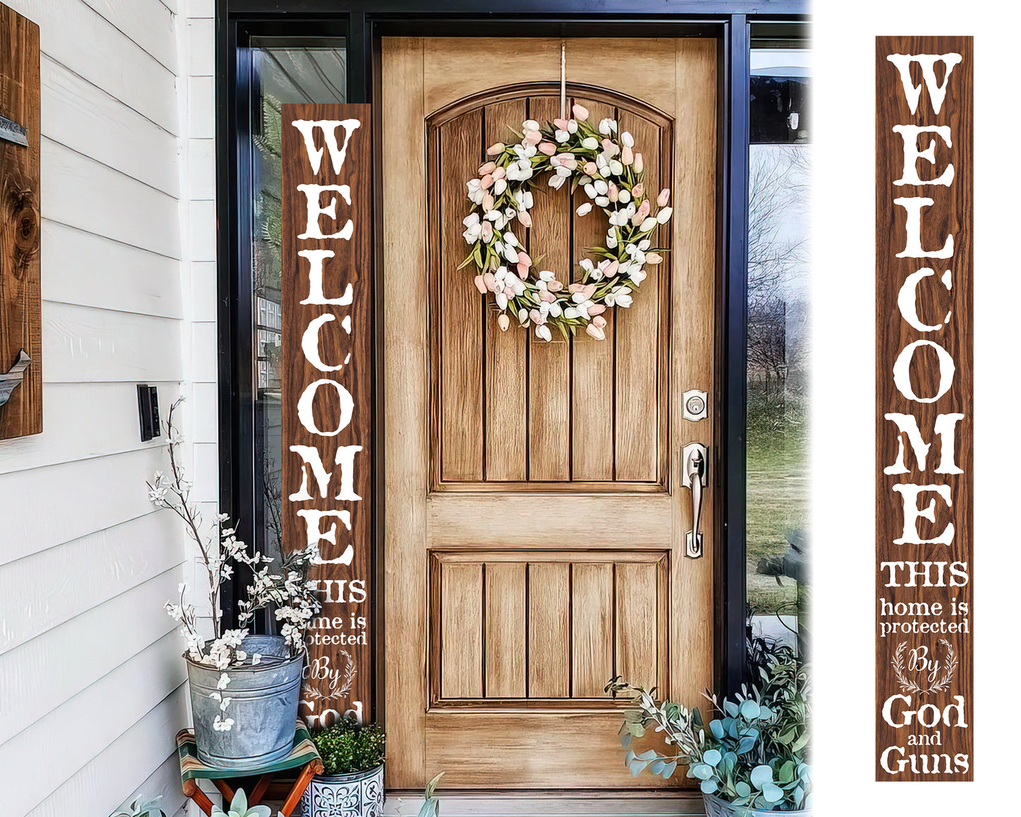 72in 'This Home is Protected by God and Guns' | Foldable Wooden Front Door & Porch Sign | Bold Home Security Statement | Brown