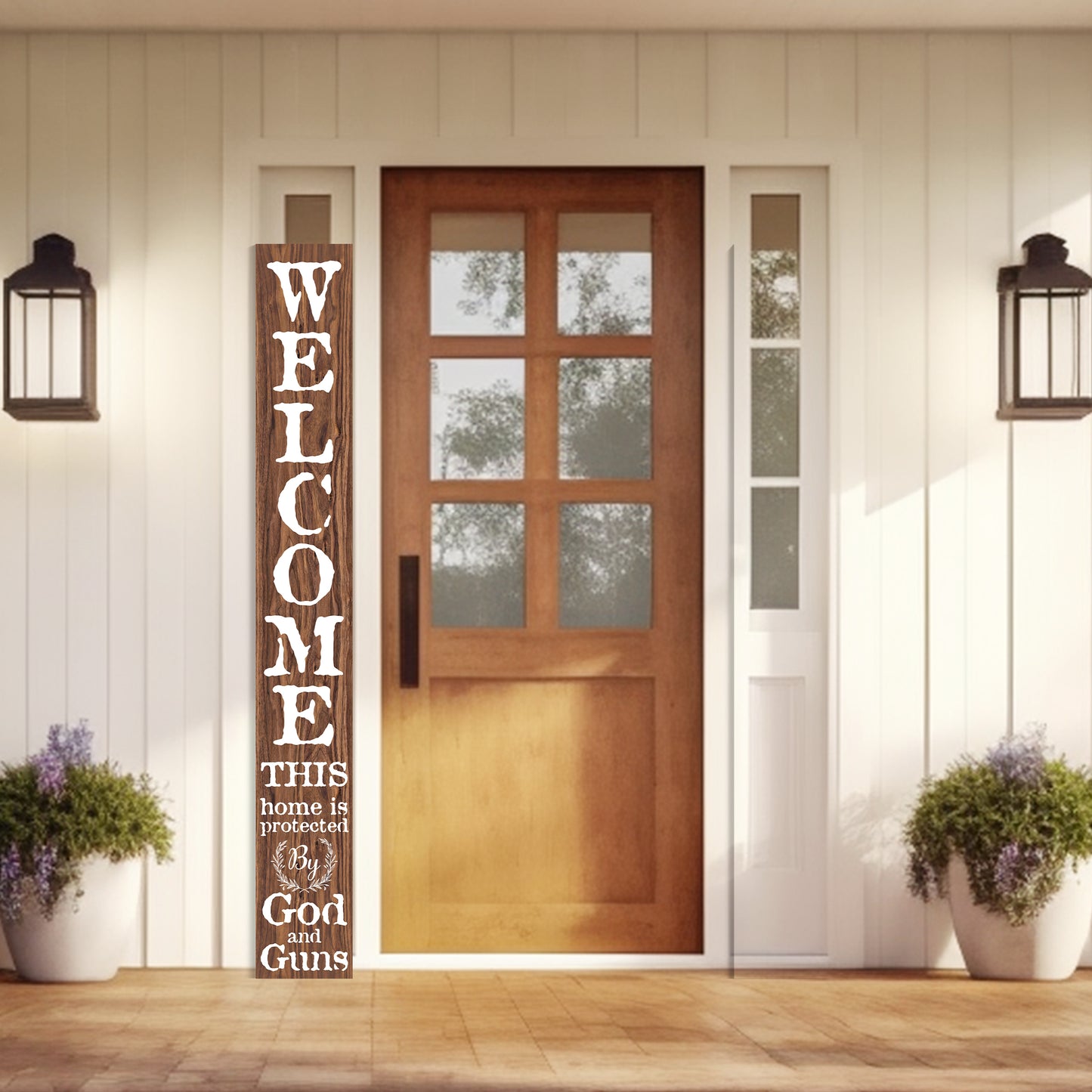 72in 'This Home is Protected by God and Guns' | Foldable Wooden Front Door & Porch Sign | Bold Home Security Statement | Brown