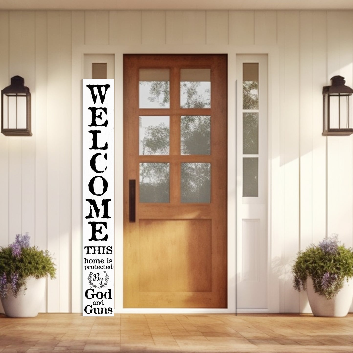 72in 'This Home is Protected by God and Guns' | Foldable Wooden Front Door & Porch Sign | Bold Home Security Statement | White