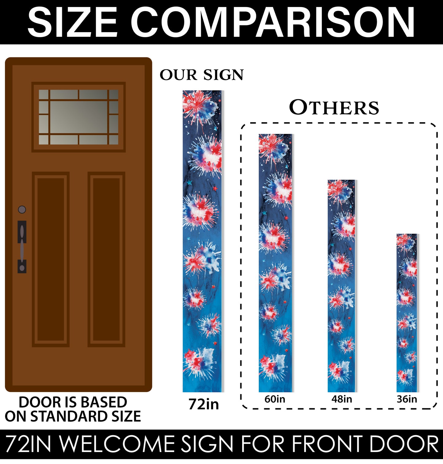 72in Firework Pattern Porch Sign - Patriotic Wooden Porch Decor | 4th of July Decor for Front Door | Independence Day Outdoor Decor