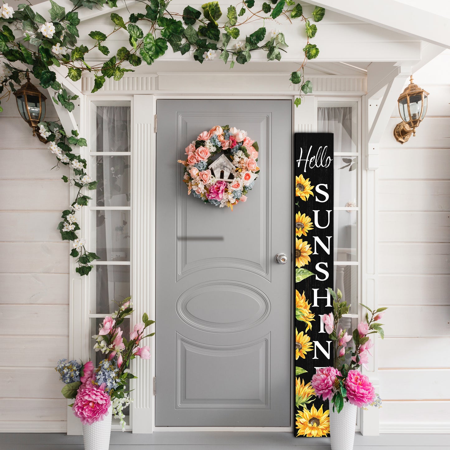 72In Sunflower Hello Sunshine Porch Sign, Charming Wooden Welcome Decor For Front Door, Rustic Vertical Garden Art, Seasonal Home Decoration