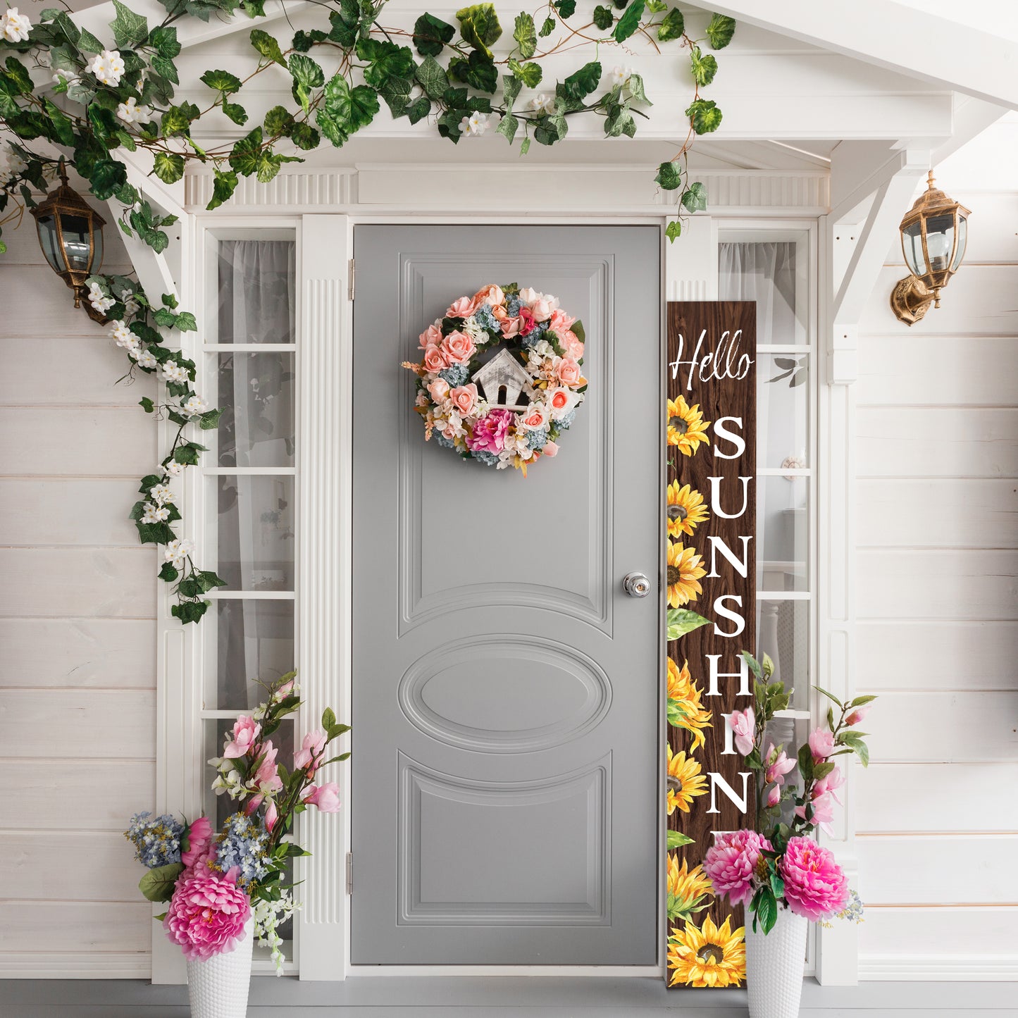 72In Sunflower Hello Sunshine Porch Sign, Charming Brown Welcome Decor For Front Door, Rustic Vertical Garden Art, Seasonal Home Decoration
