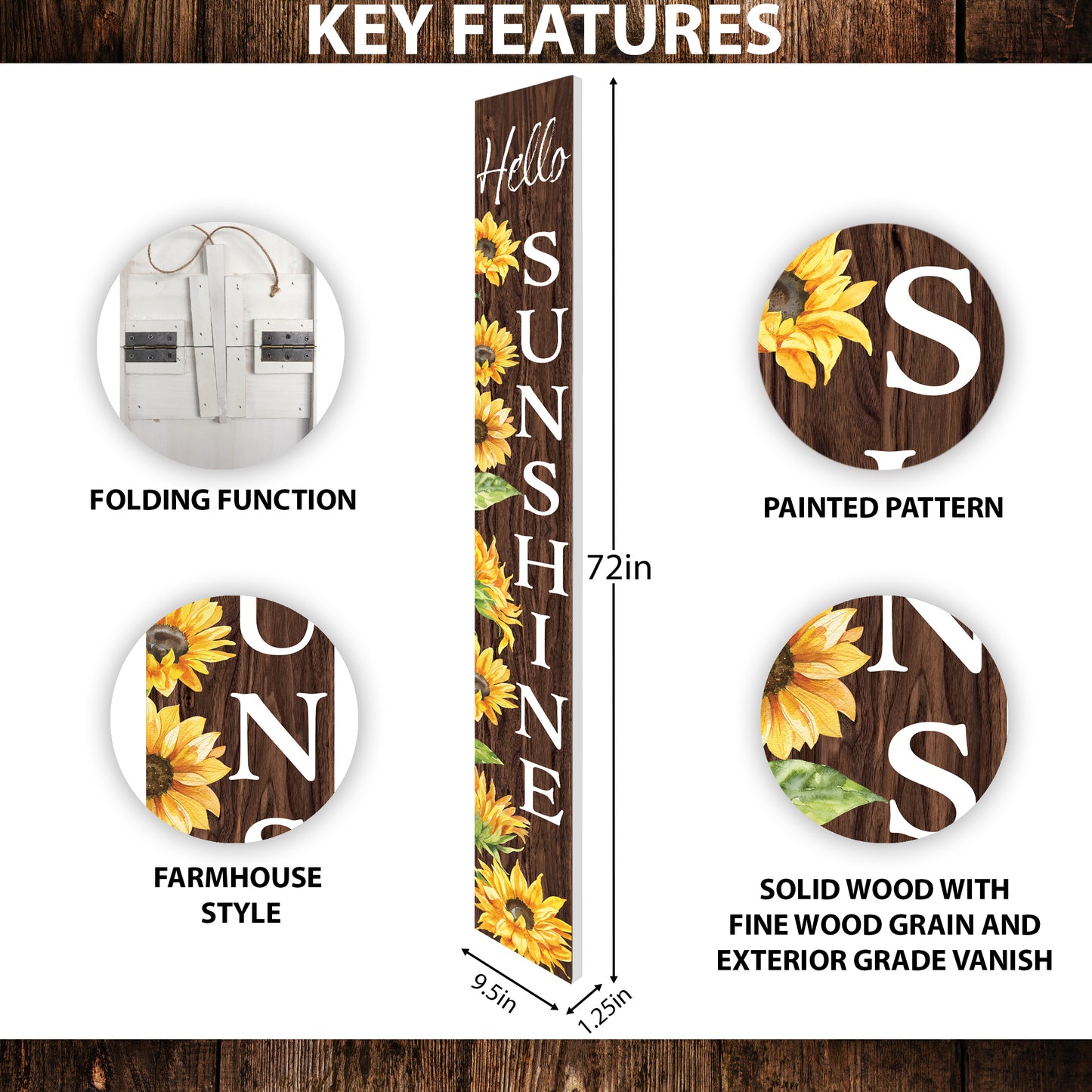 72In Sunflower Hello Sunshine Porch Sign, Charming Brown Welcome Decor For Front Door, Rustic Vertical Garden Art, Seasonal Home Decoration